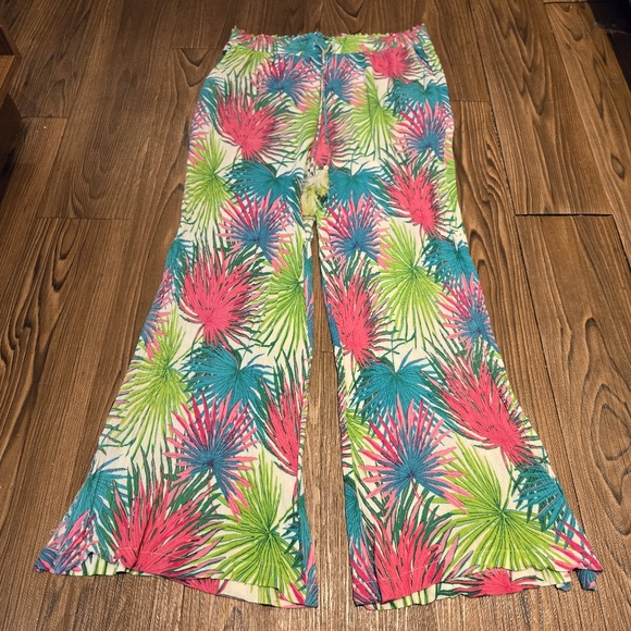 Rose & Olive Wide Leg Gauze Pants Tropical Beach Cover Up Pink White Casual L - Picture 4 of 10